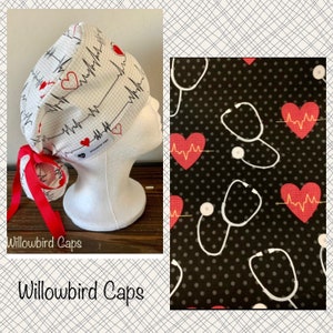 Scrub Cap with ponytail holder/ scrub hat/ surgical scrub cap/ hair cover/ PPE- EKG Stethoscope scrub cap