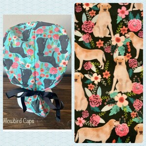 Scrub Cap with ponytail holder/ scrub hat/ surgical scrub cap/ hair cover/ PPE- Scrub Cap- Black Labrador scrub cap- Labs and Roses
