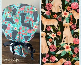 Scrub Cap with ponytail holder/ scrub hat/ surgical scrub cap/ hair cover/ PPE- Scrub Cap- Black Labrador scrub cap- Labs and Roses