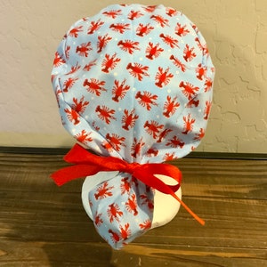 Scrub Cap with ponytail holder/ scrub hat/ surgical scrub cap/ hair cover/ PPE- Red Lobster Scrub Cap