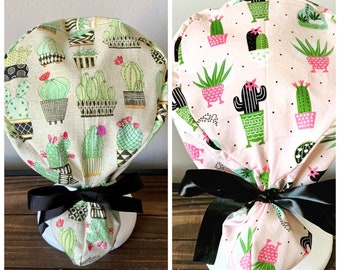 Scrub Hat with ponytail holder / Scrub Cap/ Surgical Cap- Succulent Scrub Cap with ponytail holder