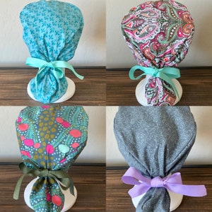 Scrub Cap w/ ponytail holder, Scrub Hat w/ponytail holder, Surgical Scrub Hat, Dental office hat/ Paisley/ Fleur de Lis