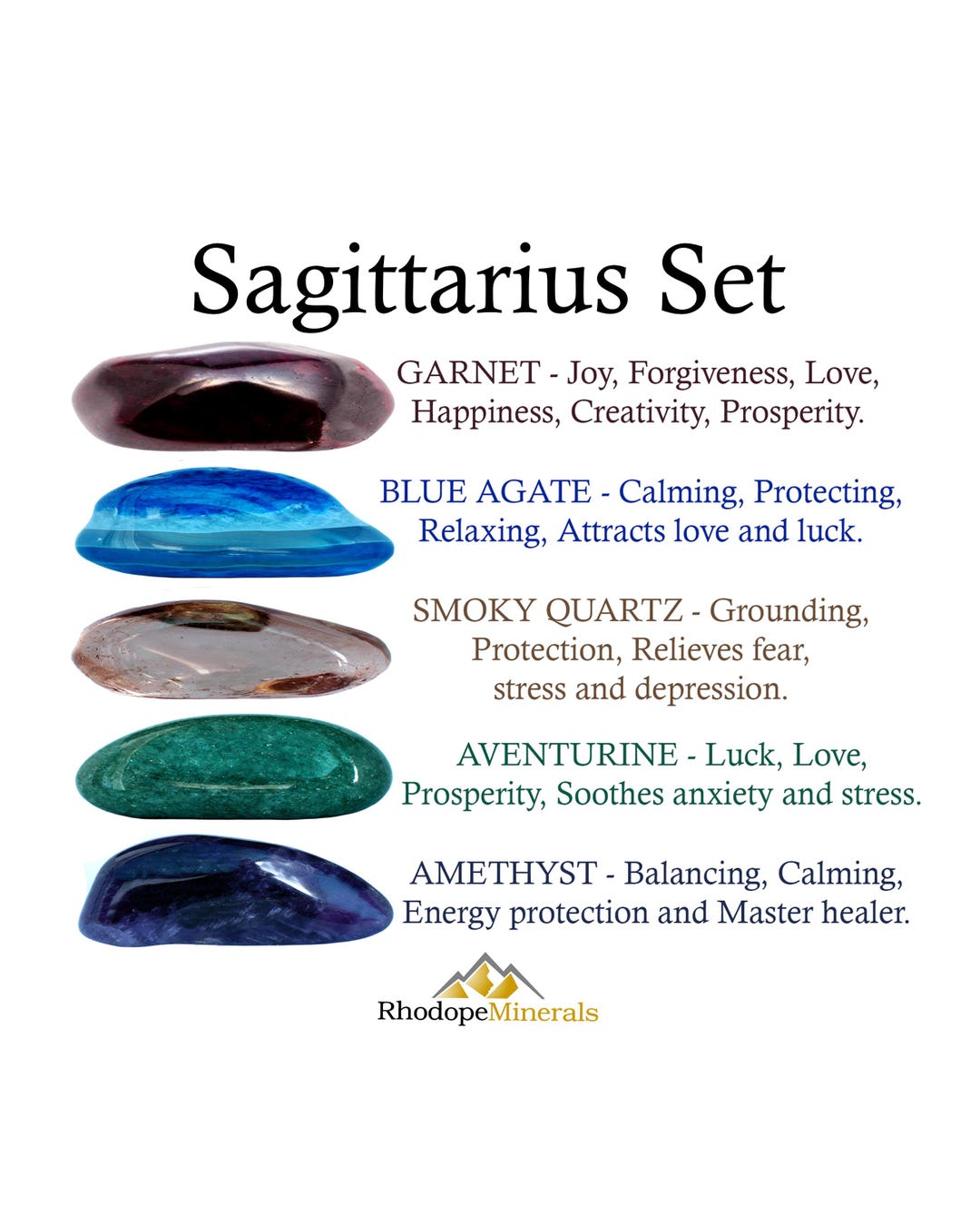 Sagittarius Crystals Set, Garnet, Blue Agate, Smoky Quartz, Green