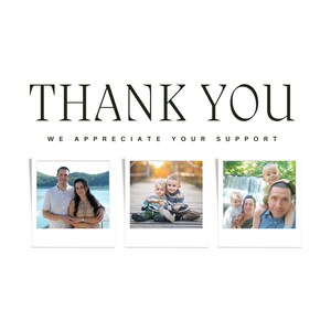 May include: Thank you, we appreciate your support. Three photos of families with children. The first photo shows a couple standing in front of a lake. The second photo shows two children sitting on a wooden path. The third photo shows a family of four standing in front of a waterfall.