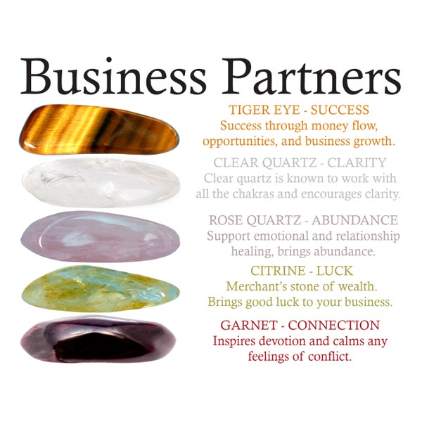 Business Partners Crystals Set, Business Partners Crystals Set, Tiger Eye, Clear Quartz, Rose Quartz, Citrine, Garnet, Workplace Crystal Set