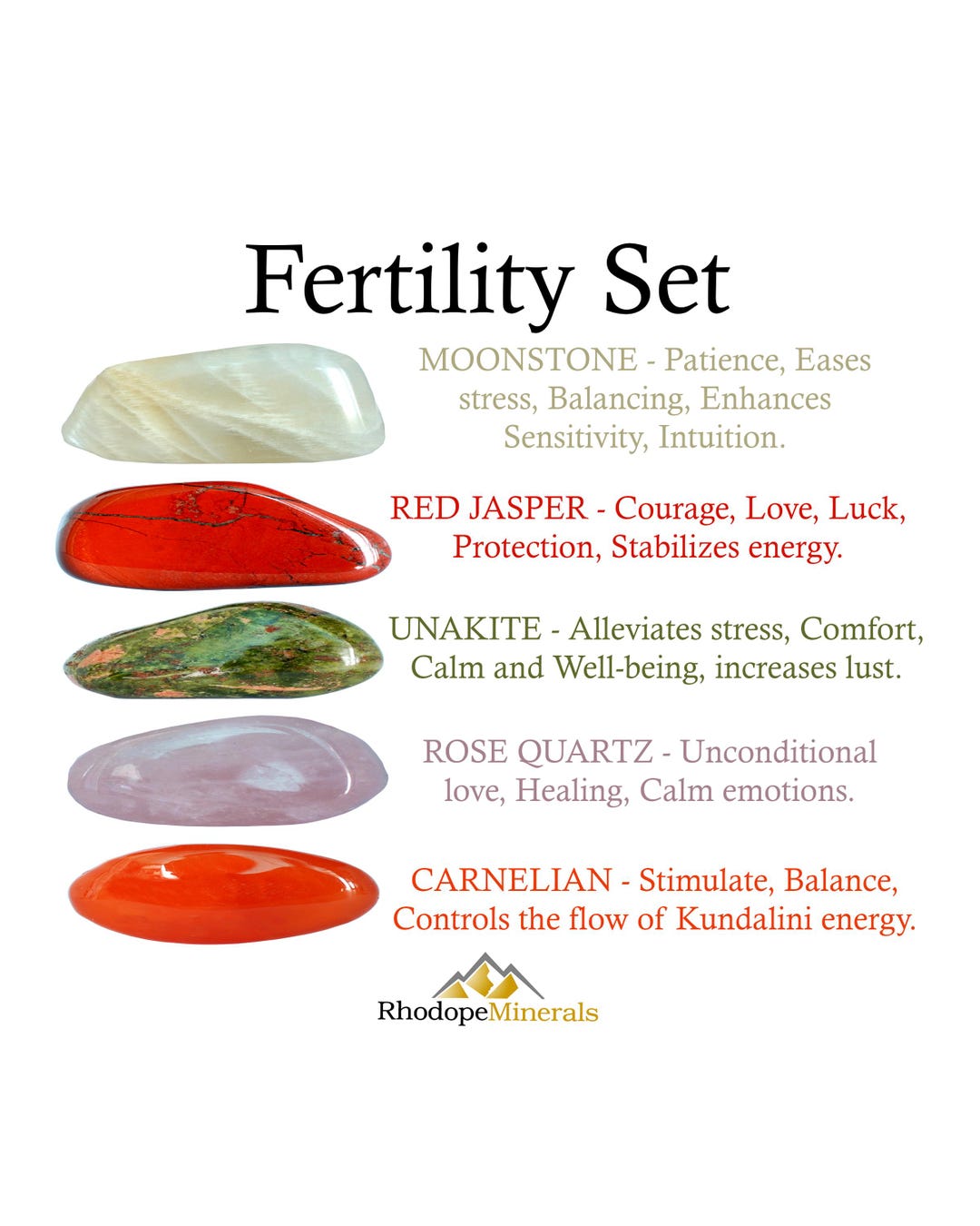Fertility Crytsals Set, Moonstone, Red Jasper, Unakite, Rose