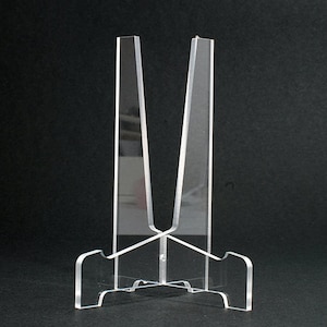 May include: A clear acrylic display stand with a triangular base and two upright supports. The stand is designed to hold a plate or other flat object.