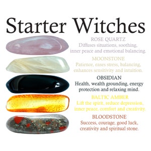 Starter Witches Crystals Set, Witchcraft Crystals Kit, Rose Quartz, Moonstone, Obsidian, Amber, Bloodstone, Starter Kit, Crystals, Gifts