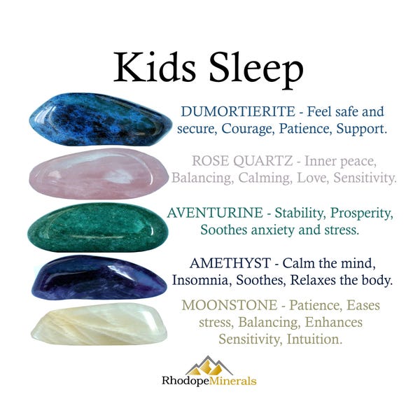 Kids Sleep Crystals Set, Dumortierite, Rose Quartz, Aventurine, Amethyst, Moonstone, Kids Sleep, Crystals, Kids, Metaphysical Crystals, Gift