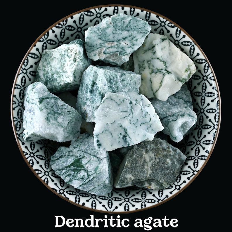 May include: A bowl of dendritic agate stones. The stones are white with green dendrites. The bowl is white with a black and white floral pattern.