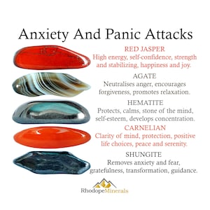 Conjunto de Cristais para Ansiedade e Ataques de Pânico, Cristais para Ansiedade e Ataques de Pânico, Jaspe Vermelho, Ágata, Hematita, Cornalina, Shungita, Cristais para Presentes