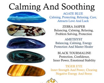 May include: An image showcasing a collection of polished gemstones, including Agate Blue, Zebra Jasper, Amethyst, Black Tourmaline, and Tiger Eye. The text "Calming and Soothing" is displayed at the top, with each stone's properties listed below.