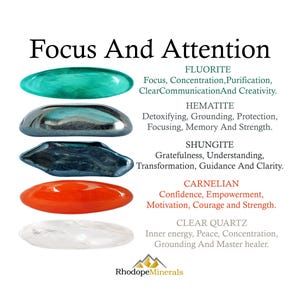 May include: A graphic titled Focus And Attention featuring five polished stones: a green fluorite, a metallic hematite, a dark shungite, an orange carnelian, and a clear quartz. Each stone is paired with its name and a list of associated attributes.