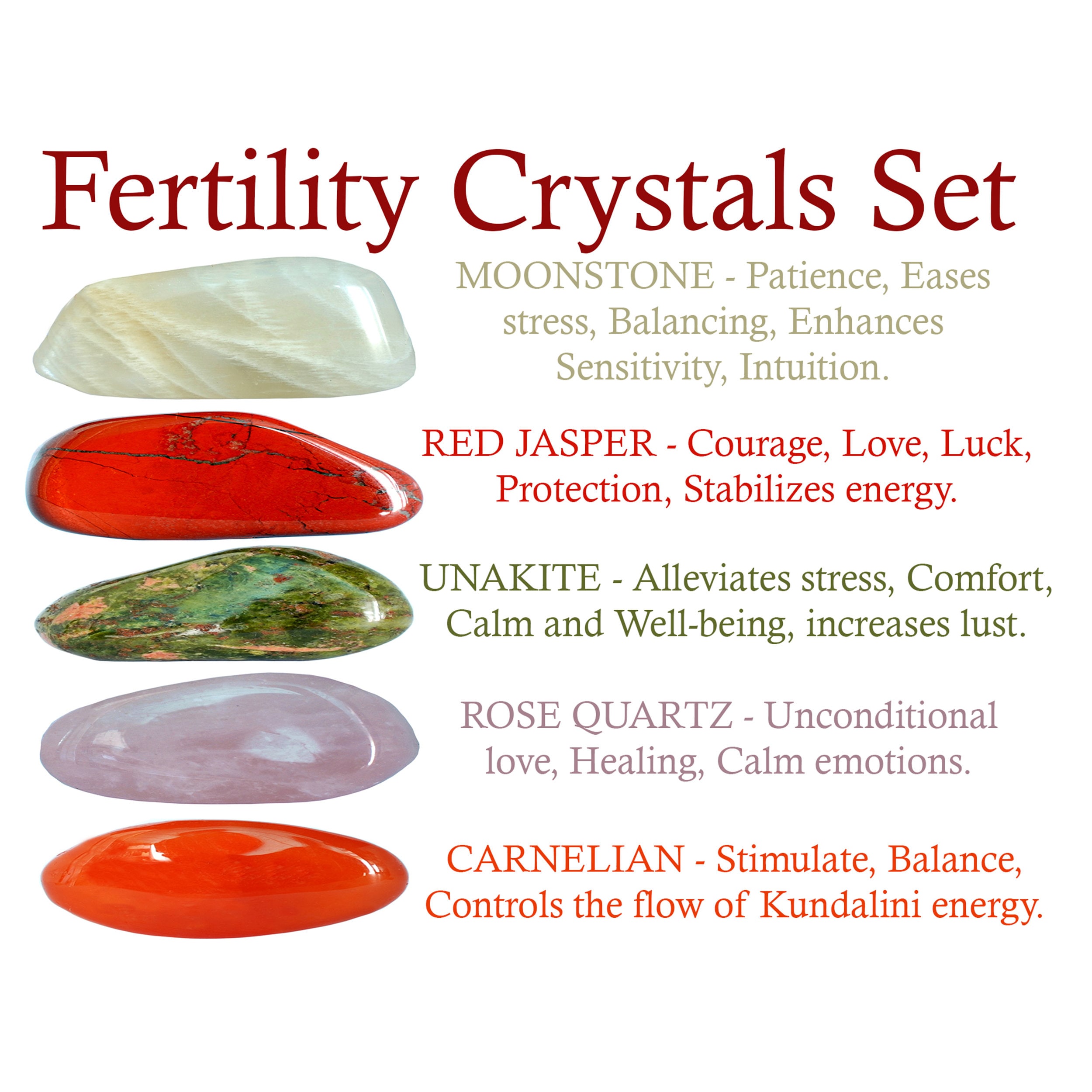 Fertility Crytsals Set Moonstone Red Jasper Unakite Rose