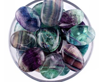Rainbow Fluorite Palm Stone, Polished Purple Green Crystal, Focus And Harmony Gemstone
