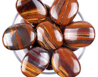 Iron Tiger Eye Palm Stone, Polished Metallic Banded Crystal, Strength And Vitality Stone