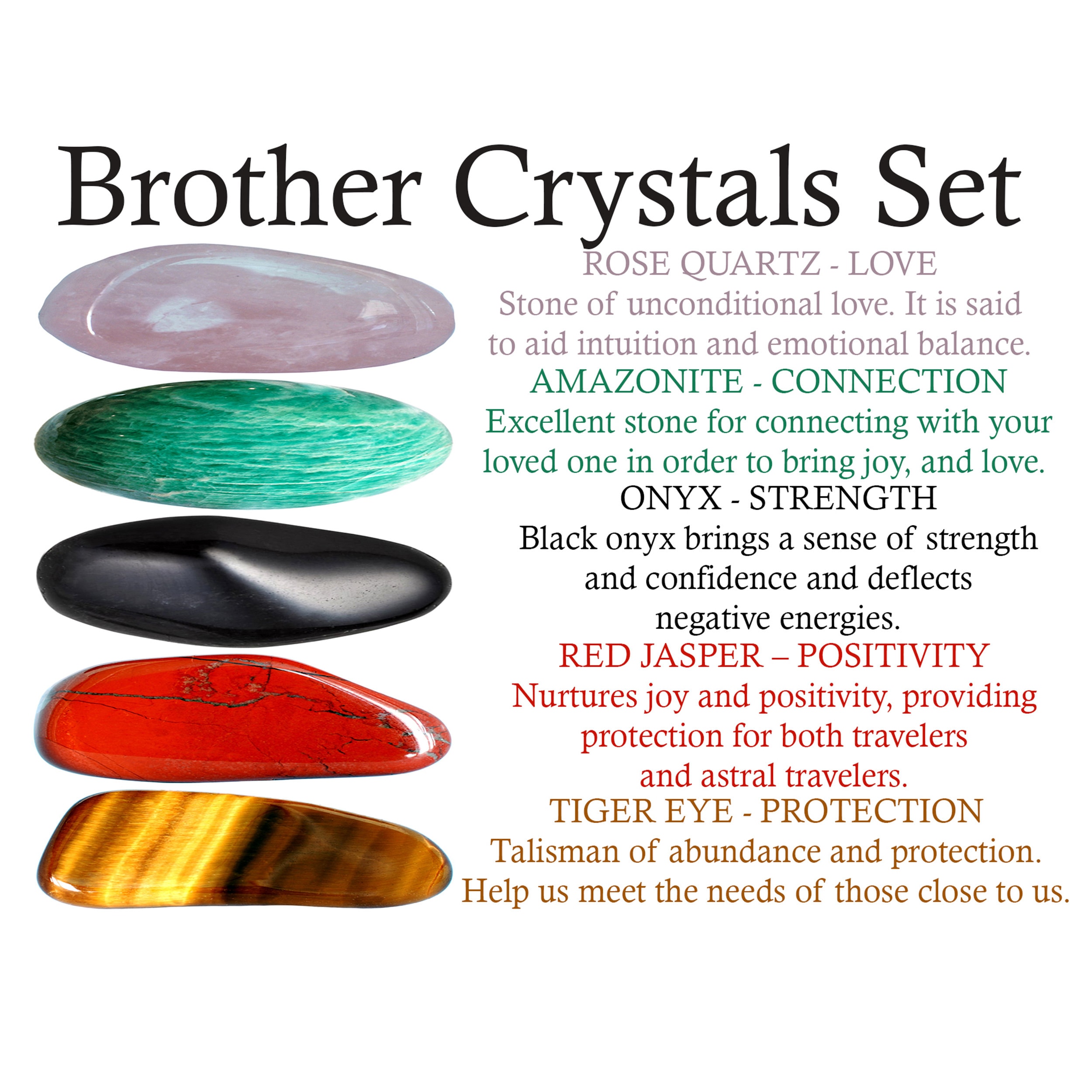 Brother Crystals Set, Brothers Set, Rose Quartz, Amazonite, Onyx, Red Jasper, Tiger Eye, Crystals Set, Crystals Kit, Crystals Gift Set, Box