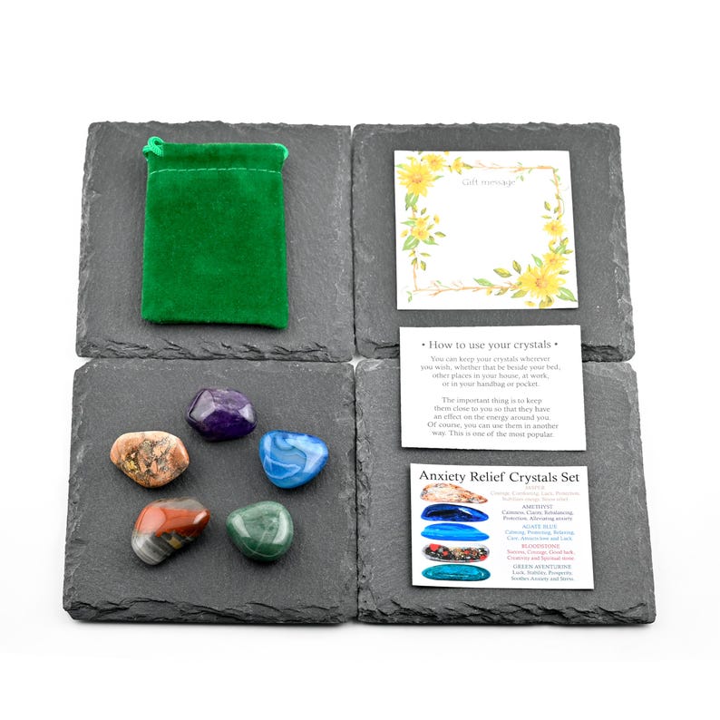 Conjunto de cristales para aliviar la ansiedad, calma y paz, regalo para amantes de los cristales, piedras preciosas curativas. imagen 5