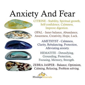 Könnte beinhalten: Ein Bild mit dem Text "Angst und Furcht" und Beschreibungen von fünf Edelsteinen: Citrin, Opal, Amethyst, Hämatit und Zebra-Jaspis. Jeder Stein wird mit seinen zugehörigen Eigenschaften wie Stabilität, Ausgeglichenheit und Schutz gezeigt.
