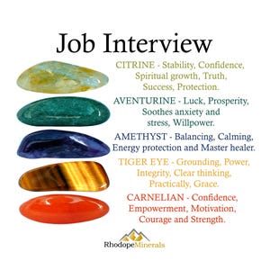 May include: A collection of five polished gemstones arranged vertically: yellow citrine, green aventurine, purple amethyst, brown tiger eye, and orange carnelian. Text lists the stones and their associated qualities under the heading Job Interview.