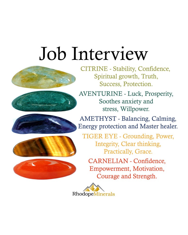 May include: A collection of five polished gemstones arranged vertically: yellow citrine, green aventurine, purple amethyst, brown tiger eye, and orange carnelian. Text lists the stones and their associated qualities under the heading Job Interview.