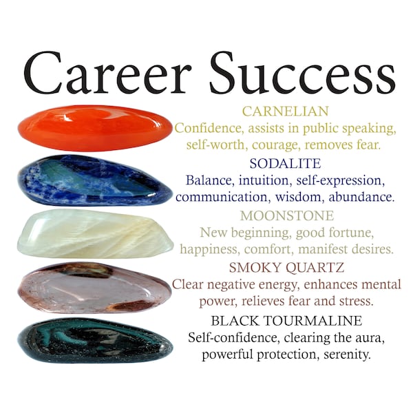 Career Success Crystals Set, Career Success, Crystals Set, Tumbled Stones, Carnelian, Sodalite, Moonstone, Smoky Quartz, Black Tourmaline