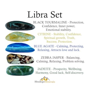 May include: An image of a Libra Set of gemstones, including black tourmaline, citrine, blue agate, zebra jasper, and jadeite. Each stone is a different color and shape. Text on the image describes each stone's properties.