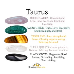 May include: An image featuring the word "Taurus" above a collection of polished gemstones. The gemstones include rose quartz, aventurine, tiger eye, clear quartz, and black onyx. Each stone is labeled with its associated properties.