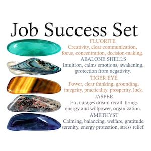 Job Success Crystals Set, Job Success Stones, Crystals Set, Tumbled Stones, Fluorite, Abalone Shells, Tiger Eye, Jasper, Amethyst, Gifs, Gem