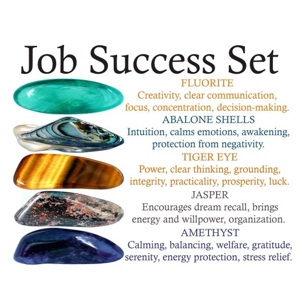 Job Success Crystals Set, Job Success Stones, Crystals Set, Tumbled Stones, Fluorite, Abalone Shells, Tiger Eye, Jasper, Amethyst, Gifs, Gem