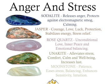 May include: Five polished tumbled stones arranged vertically: a blue sodalite, a speckled jasper, a pale pink rose quartz, a green and orange unakite, and a translucent white moonstone. Text lists each stone with associated properties.