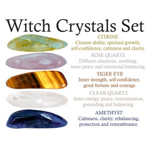 Witch Crystals Set, Witch Crystals Kit, Citrine, Rose Quartz, Tiger Eye, Clear Quartz, Amethyst, Witchcraft Starter Kit, Gift Box, Gifts