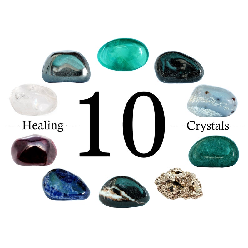 May include: Ten polished healing crystals in various colors, including green, blue, clear, and purple. The number 10 is centered between the words "Healing" and "Crystals".