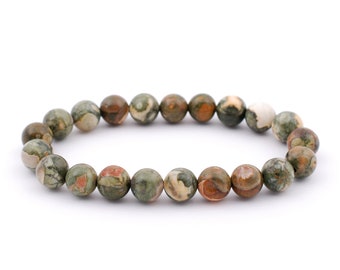 Bracelet en rhyolite de forêt tropicale, bracelet en rhyolite, perles de 8 mm, jaspe, bracelets, cristaux métaphysiques, cadeaux, cristaux, pierres précieuses, pierres précieuses