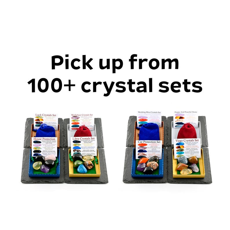 May include: An assortment of crystal sets displayed on slate tiles. Each set includes a small bag and a selection of colorful crystals. Text on the image reads "Pick up from 100+ crystal sets."