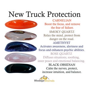 Op de afbeelding: Vijf gepolijste edelstenen verticaal gerangschikt: een feloranje carneool, een doorschijnende rookkwarts, een dieppaarse amethist, een lichtroze rozenkwarts en een massieve zwarte obsidiaan. Tekst: New Truck Protection en de namen van de stenen.