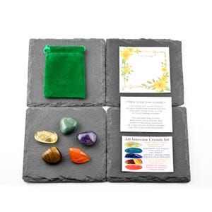 May include: A set of five polished tumbled stones including citrine, aventurine, amethyst, tiger eye, and carnelian, accompanied by a green velvet drawstring pouch and three informational cards labeled Job Interview Crystals Set.