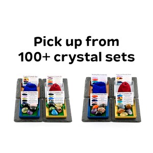 May include: Four sets of assorted polished crystals in small rectangular trays, each accompanied by a descriptive card and a fabric pouch. The text reads: Pick up from 100+ crystal sets. The sets are labeled Luck, Workplace, House Protection, Libra, Wedding Bliss, Car Protection, Happy and Peaceful Home, and Virgo.