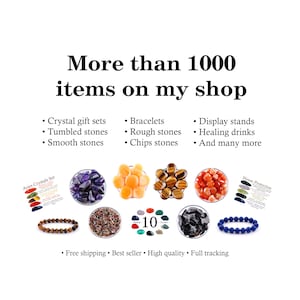 May include: Assortment of colorful tumbled stones in small bowls, including amethyst, carnelian, tiger's eye, and clear quartz.  Also shown are bracelets made of brown wood beads and blue beads, and a small card with the text "Aries Crystals Set".