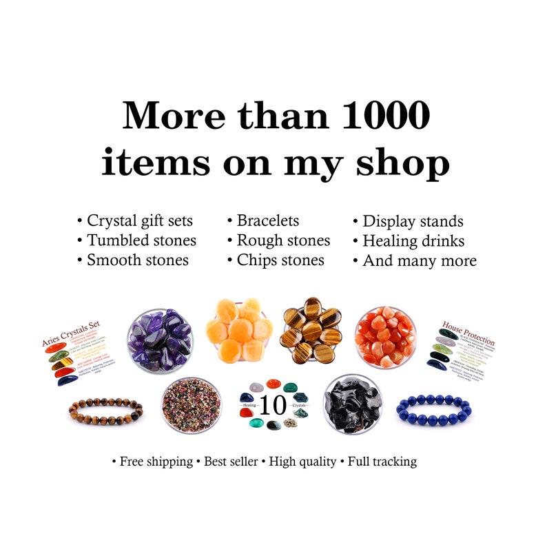 May include: Assortment of colorful tumbled stones in small bowls, including amethyst, carnelian, tiger's eye, and clear quartz.  Also shown are bracelets made of brown wood beads and blue beads, and a small card with the text "Aries Crystals Set".