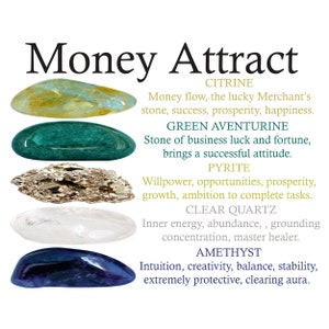 Money Attract Crystals Set, Money Attract, Crystals Set, Citrine, Green Aventurine, Pyrite, Clear Quartz, Amethyst, Tumbled Stones, Gifts