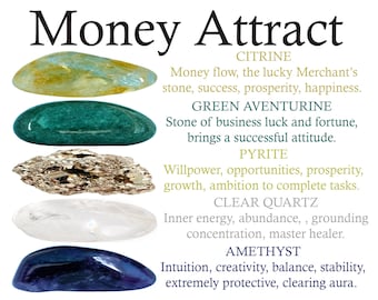 Money Attract Crystals Set, Money Attract, Crystals Set, Citrine, Green Aventurine, Pyrite, Clear Quartz, Amethyst, Tumbled Stones, Gifts