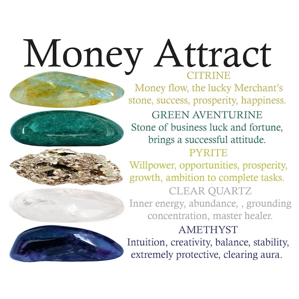 Money Attract Crystals Set, Money Attract, Crystals Set, Citrine, Green Aventurine, Pyrite, Clear Quartz, Amethyst, Tumbled Stones, Gifts