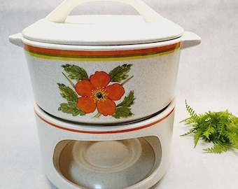 Vintage Orange Poppy Fire Flower Temper-Ware Lenox Casserole Lid Stand 1970s Mod