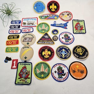 Könnte beinhalten: Eine Sammlung von Vintage-Pfadfindern Abzeichen in verschiedenen Formen und Größen. Die Abzeichen zeigen Text und Grafiken, darunter einen Eisbären, ein Flugzeug und die Wörter "Quality Unit" und "Troop Historian". Farben sind Blau, Grün, Gelb und Rot.