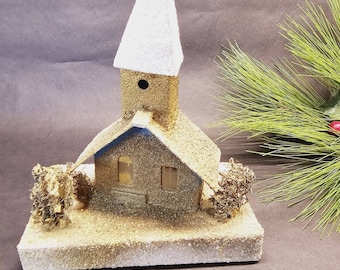 Vintage Putz Japan Cardboard Church Paper Mache Glitter Christmas Houses NICE!!