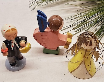 3 Vintage German Erzgebirge Carved Painted Wood Choir Angels Girl Figurines