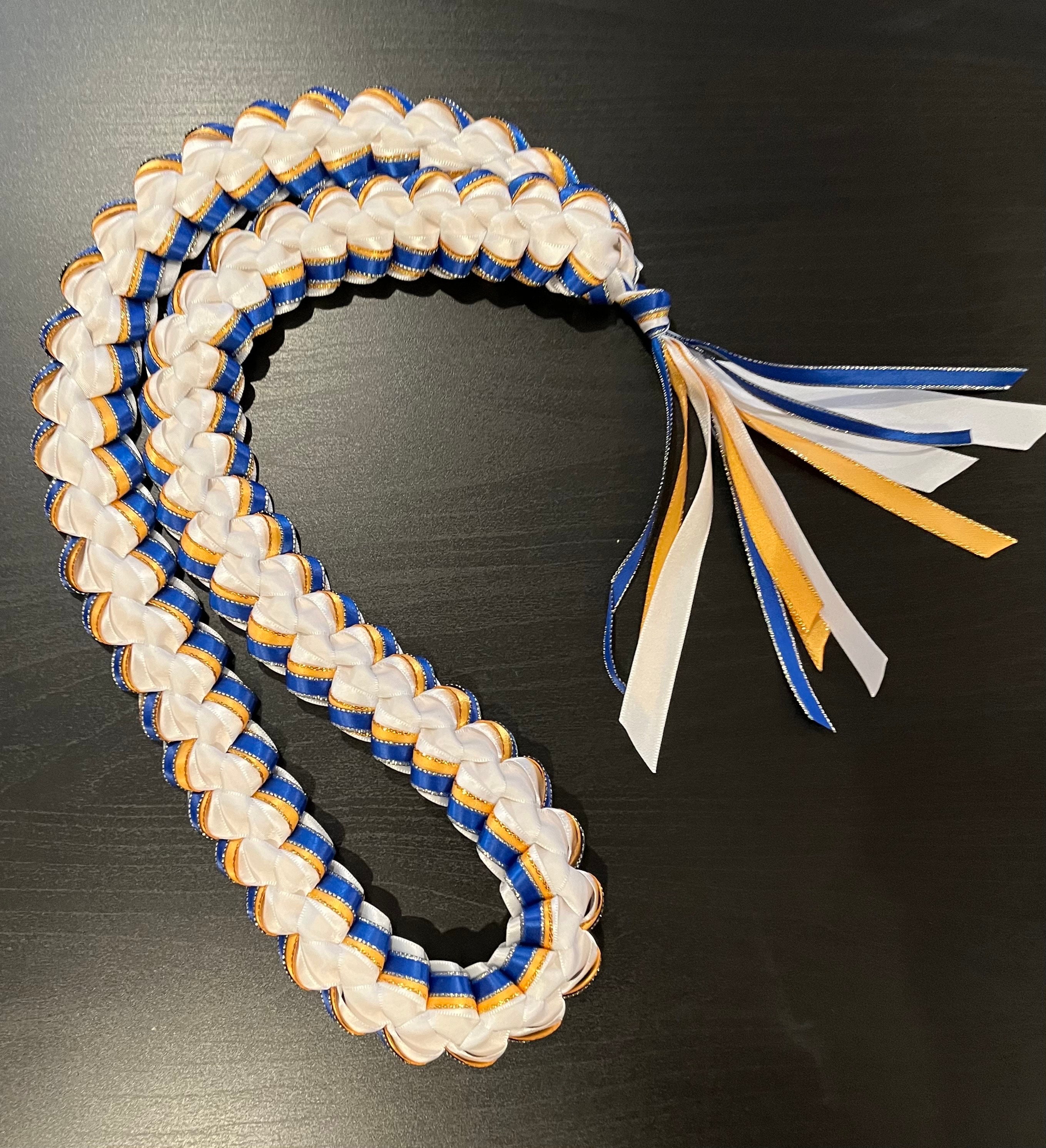 Graduation Ribbon Lei or Cord - White, Gold, and Blue