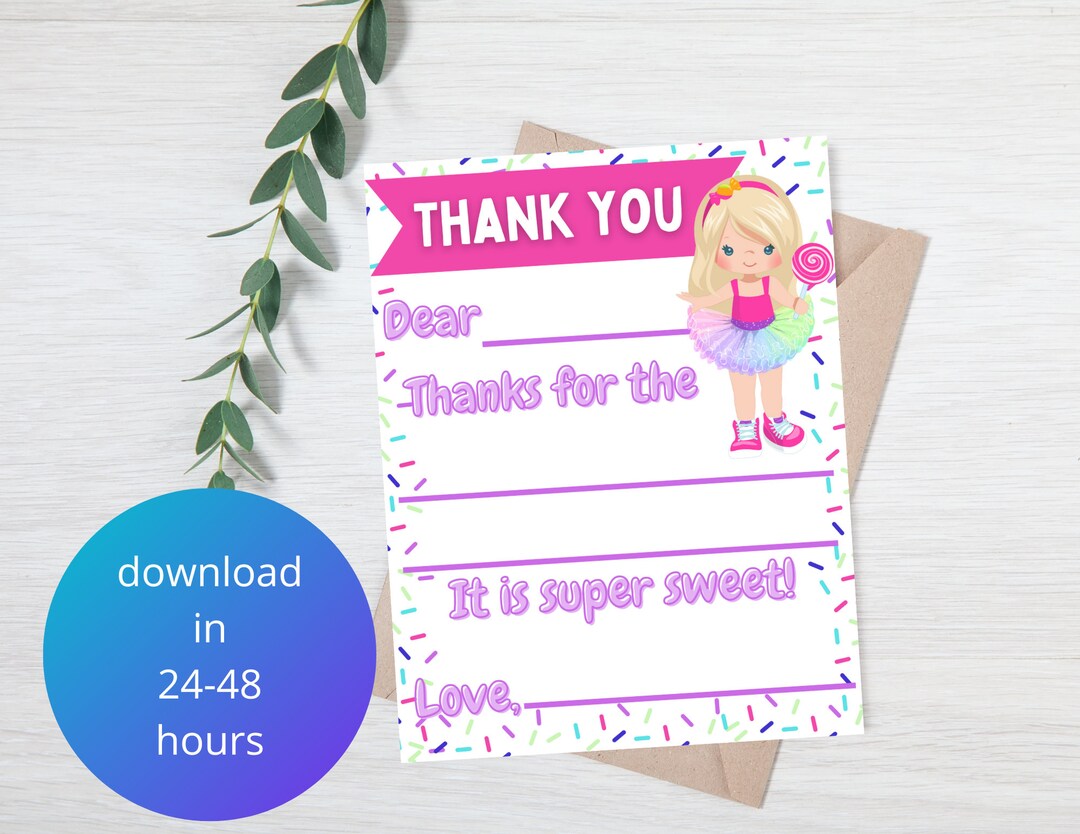 Printable Kids Birthday Thank You Card Digital Kids Birthday Thank You