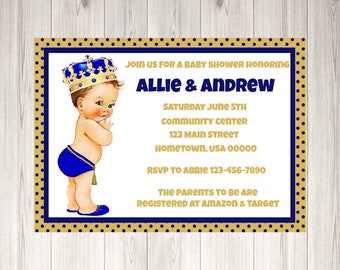 Printable or Printed Baby Shower Invitations Royal Blue & Gold Baby Shower Invitation African American Prince Caucasian Prince Baby Shower